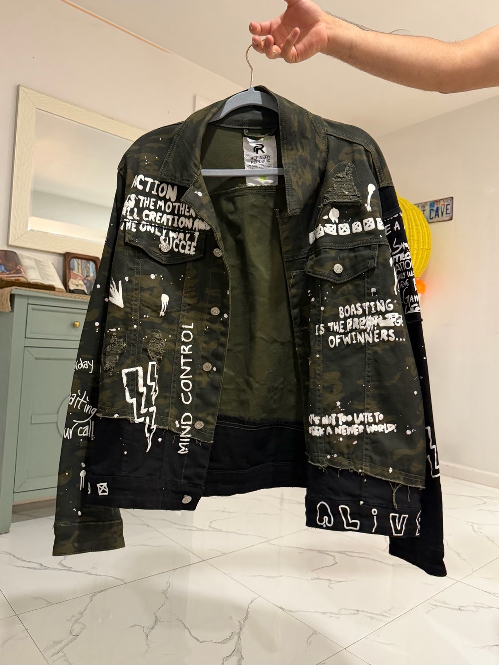 Olive Green Graphic Military Jacket - Men's Streetwear